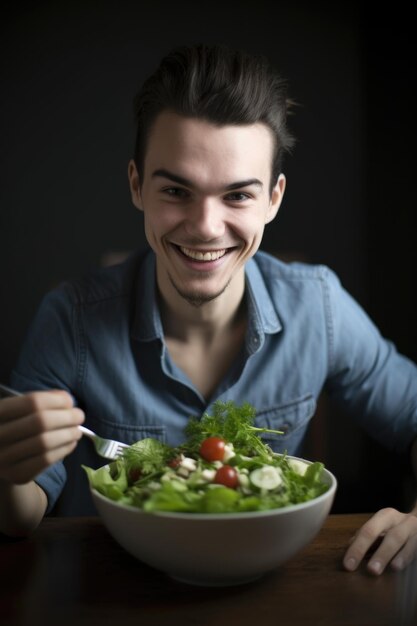 Retrato de un joven sonriente disfrutando de su ensalada creada con IA generativa