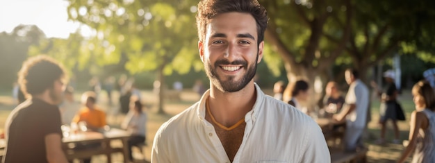 Retrato de un joven sonriente durante una fiesta de picnic con sus amigos