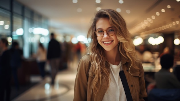 Retrato de una joven sonriente con gafas en un concurrido centro comercial