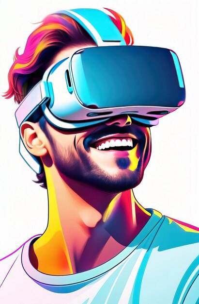 Foto retrato de un joven sonriente con gafas de realidad virtual vr