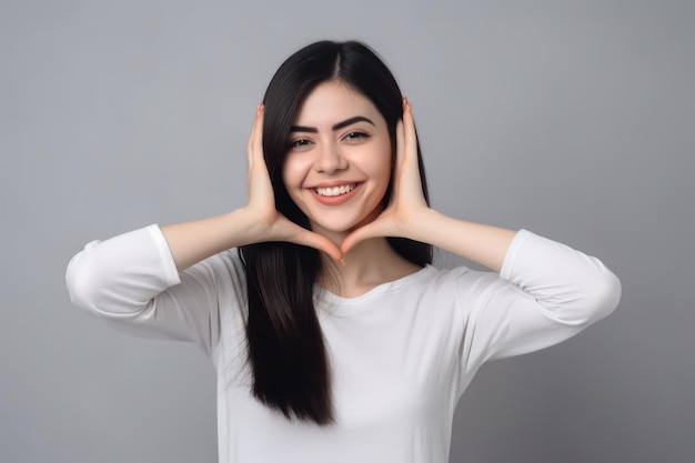 Retrato de una joven sonriente haciendo un corazón con sus manos