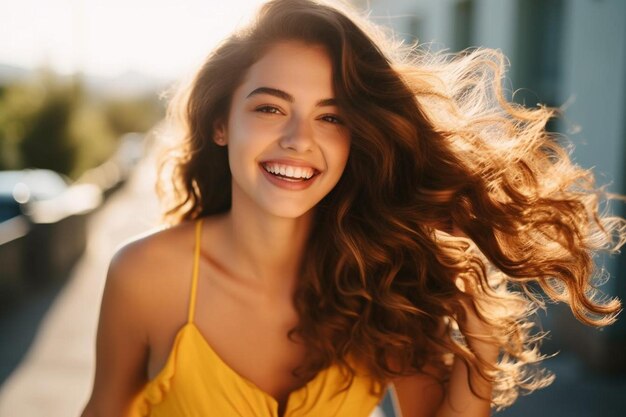 Retrato de una joven sonriente mirando a otro lado