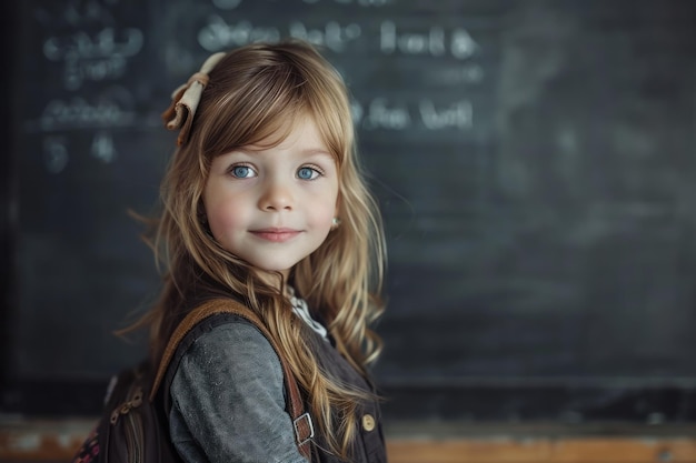 Retrato de una joven sonriente con una mochila en un aula de pie frente a una pizarra