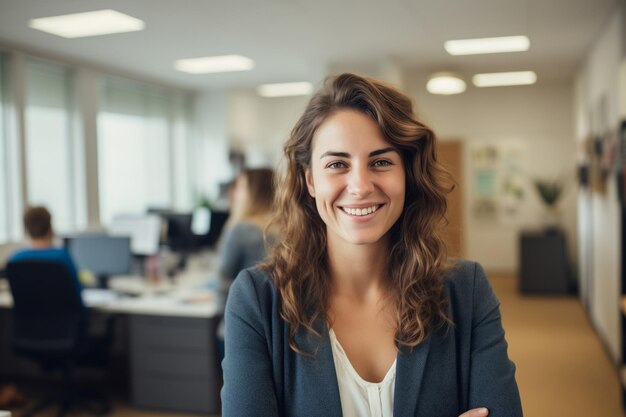 Foto retrato de una joven sonriente en la oficina