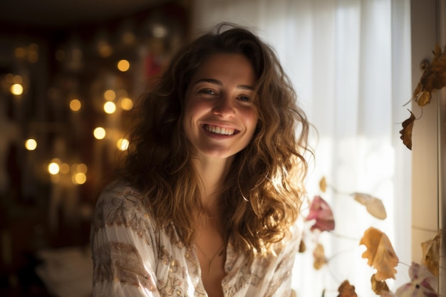 Retrato de una joven sonriente con el pelo largo y marrón