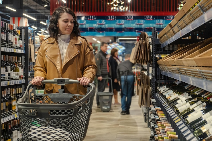 Foto retrato de una joven sonriente de pie en un supermercado