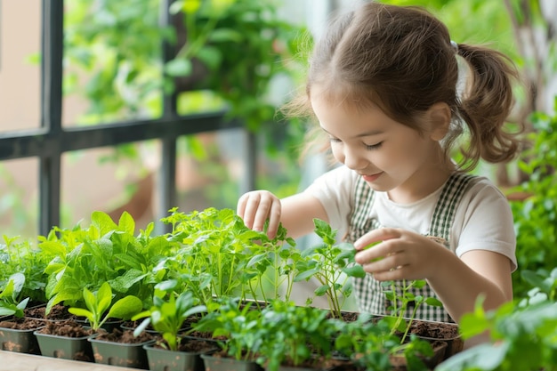 Retrato de una joven sonriente que cuida de las plantas mientras hace jardinería en casa