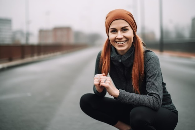 Retrato de una joven sonriente que se estira antes de correr