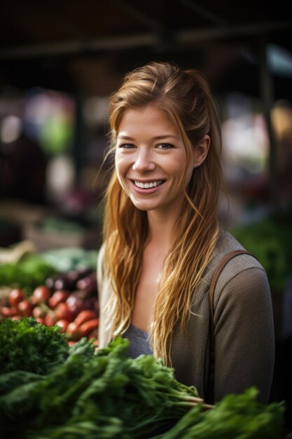 Retrato de una joven sonriente que trabaja en un mercado de agricultores creado con IA generativa