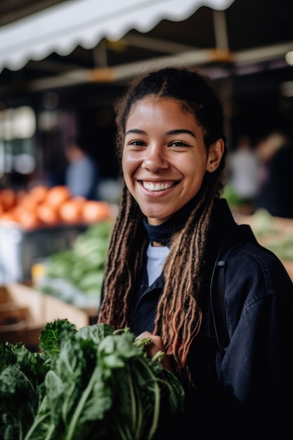 Retrato de una joven sonriente que trabaja en un mercado de agricultores creado con IA generativa