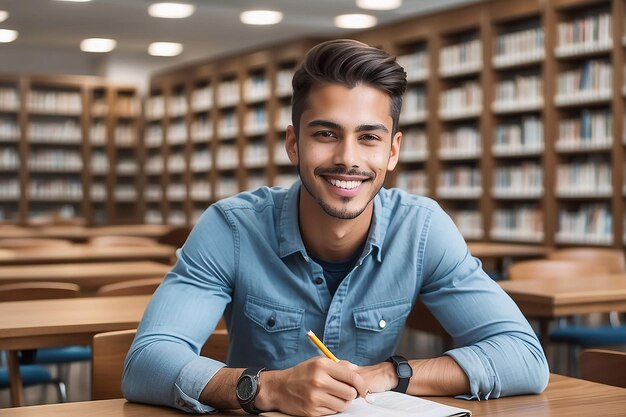 Foto retrato de un joven sonriente sentado en la mesa de la biblioteca