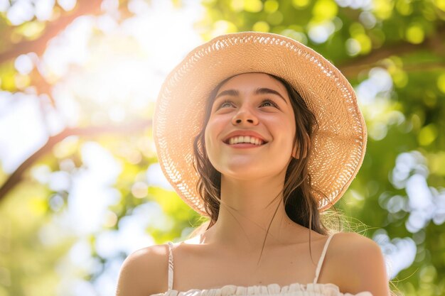 Retrato de una joven sonriente con un sombrero para el sol al aire libre con vegetación iluminada por el sol en el fondo