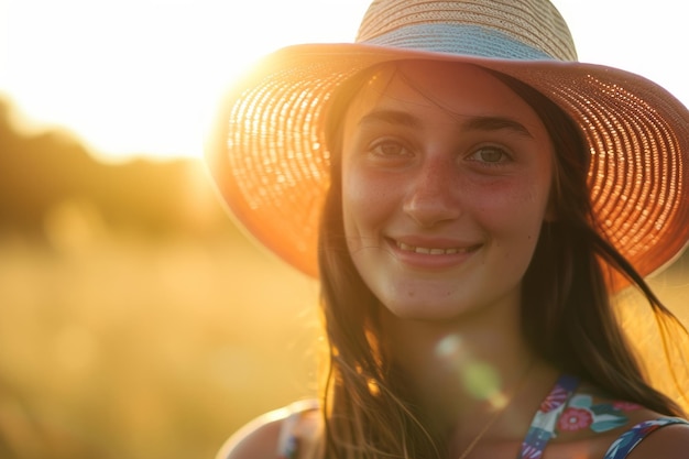 Retrato de una joven sonriente con un sombrero para el sol con fondo dorado de luz solar