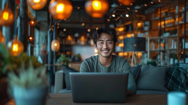 Retrato de un joven sonriente trabajando en una computadora portátil mientras está sentado en una cafetería