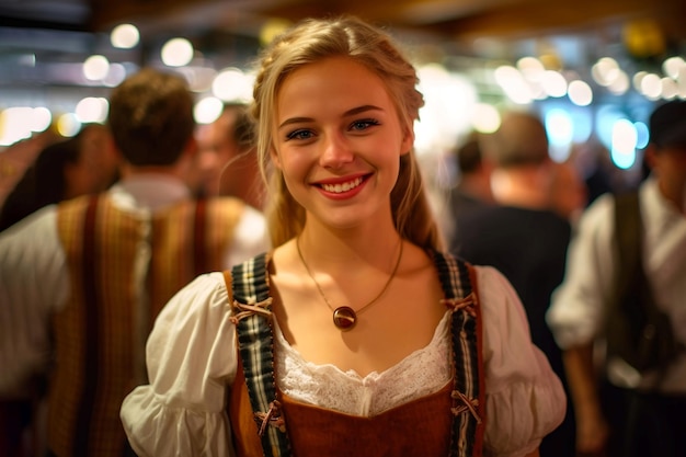 Retrato de una joven sonriente con un traje tradicional bávaro celebrando el Oktoberfest AI