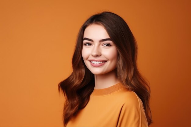 Foto retrato, de, joven, sonrisa, mujer confiada, en, color, plano de fondo