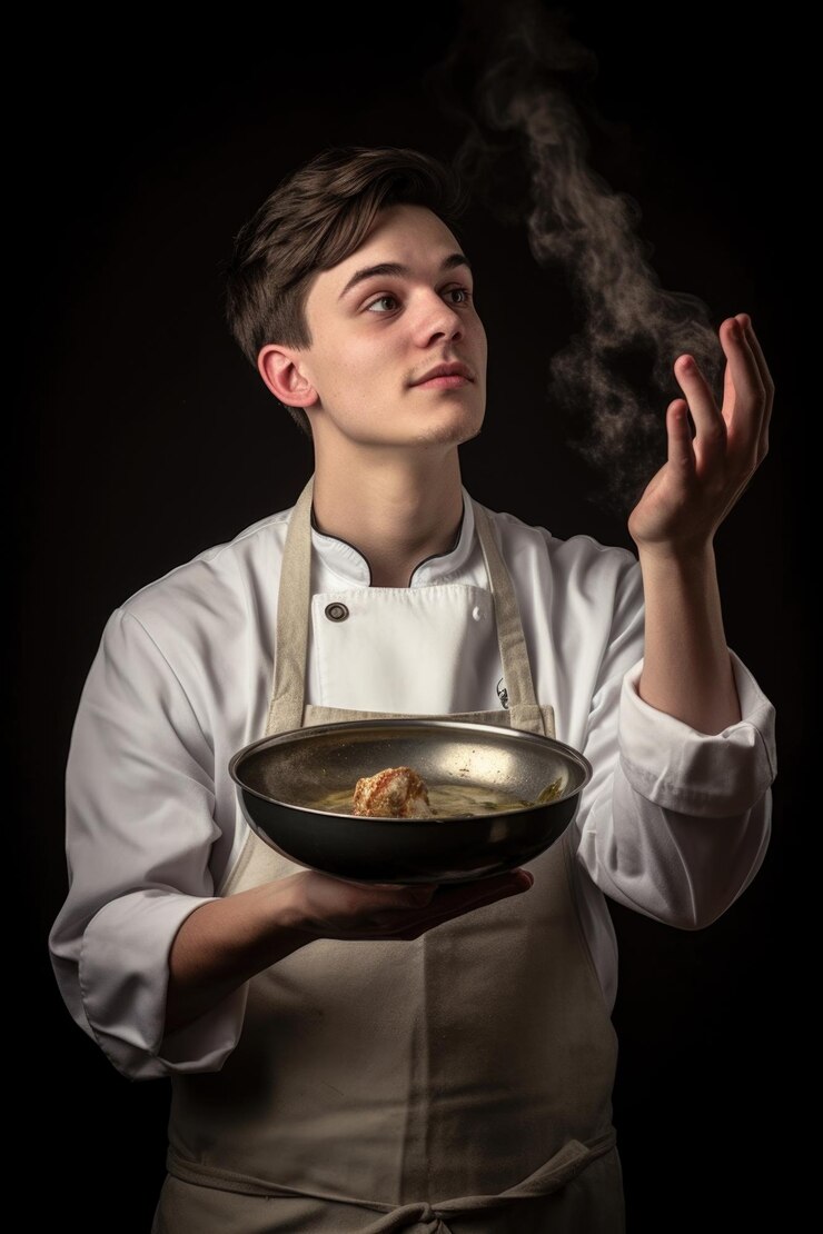 Retrato de un joven sosteniendo algo que acaba de cocinar creado con IA generativa