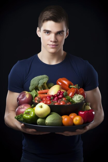 Foto retrato de un joven sosteniendo un plato repleto de comida saludable