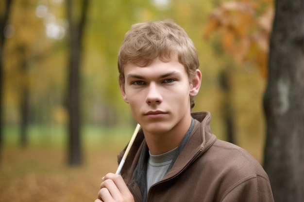 Retrato de un joven sosteniendo su palo de golf y su pelota afuera creado con IA generativa