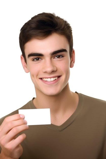 Retrato de un joven sosteniendo una tarjeta en blanco contra un fondo blanco