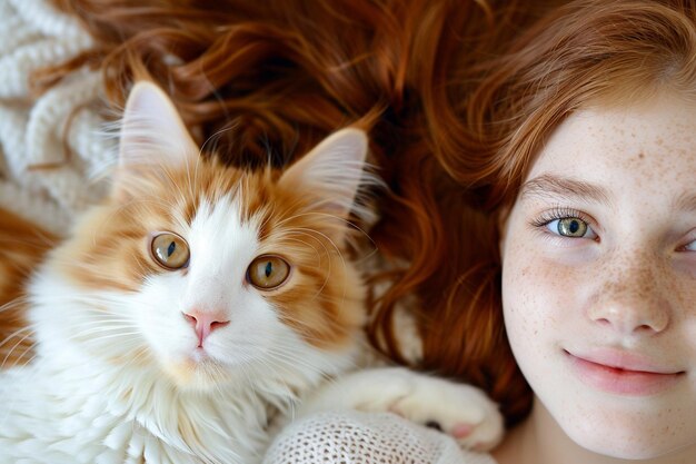 Retrato de una joven con su lindo gato en casa