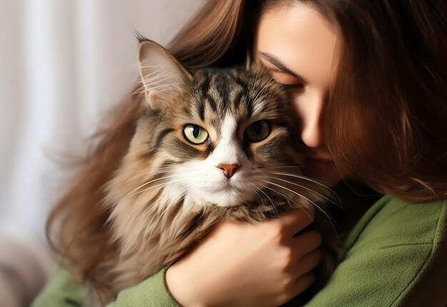 Foto retrato de una joven con su lindo gato en casa