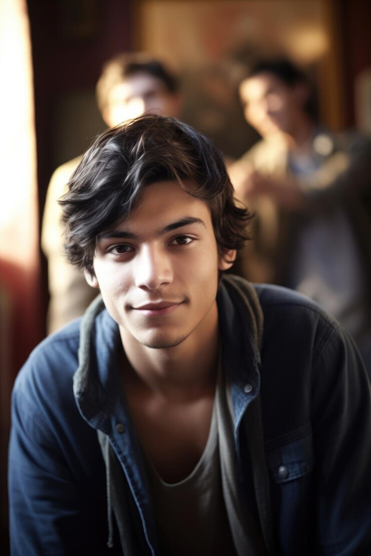 Retrato de un joven con sus amigos en el fondo creado con IA generativa