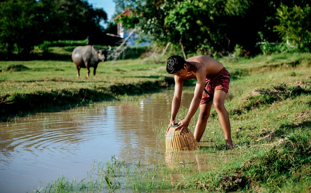 Retrato joven topless utilizar trampa de pesca de bambú para atrapar peces para cocinar