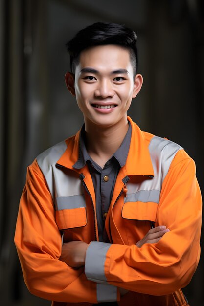 retrato de un joven trabajador asiático guapo en un uniforme naranja