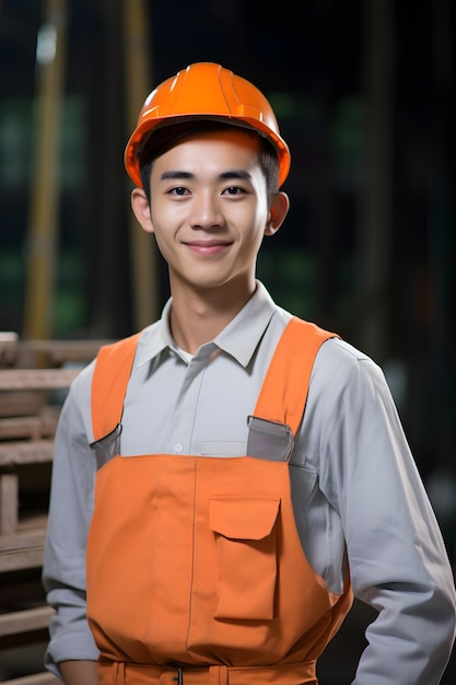 retrato de un joven trabajador asiático con sombrero naranja en una fábrica