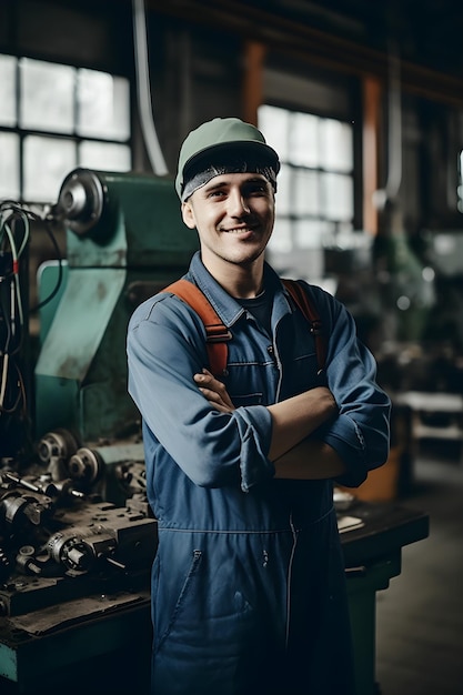Retrato de un joven trabajador confiado de pie con los brazos cruzados en la fábrica.