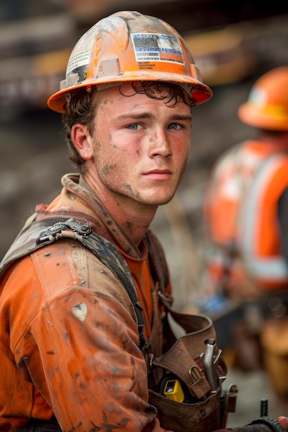 Retrato de un joven trabajador de la construcción con casco naranja y chaleco reflectante cubierto de suciedad