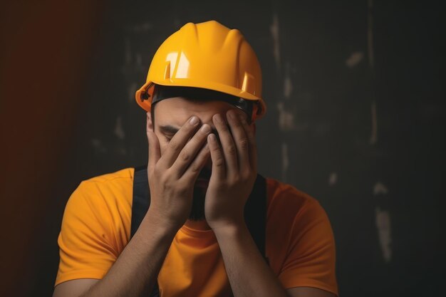 Foto retrato de un joven trabajador de la construcción que se cubre la cara con las manos ia generativa