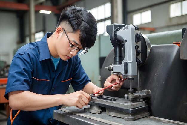 Retrato de un joven trabajador industrial asiático usando una herramienta de medición en la máquina