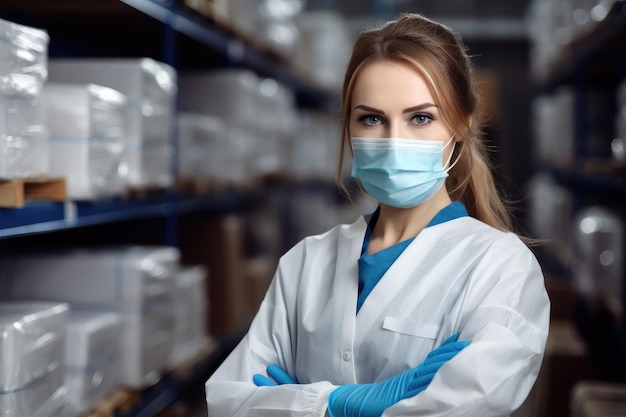 Retrato de una joven trabajadora en un almacén con máscara de protección Una joven doctora con una máscara médica y guantes trabajando en un depósito Generado por IA