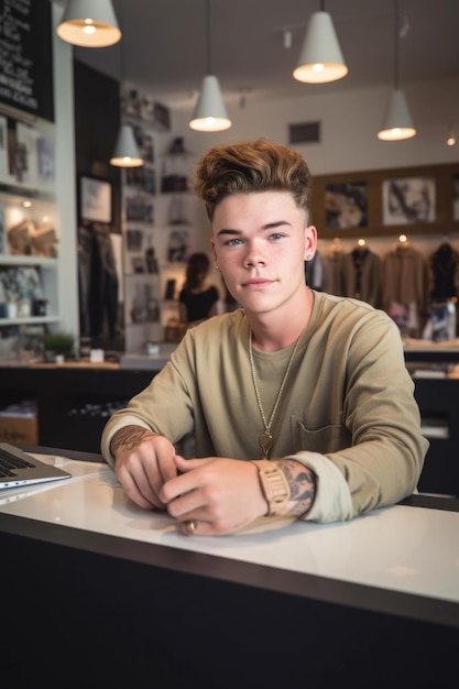 Retrato de un joven trabajando en una computadora portátil en su tienda