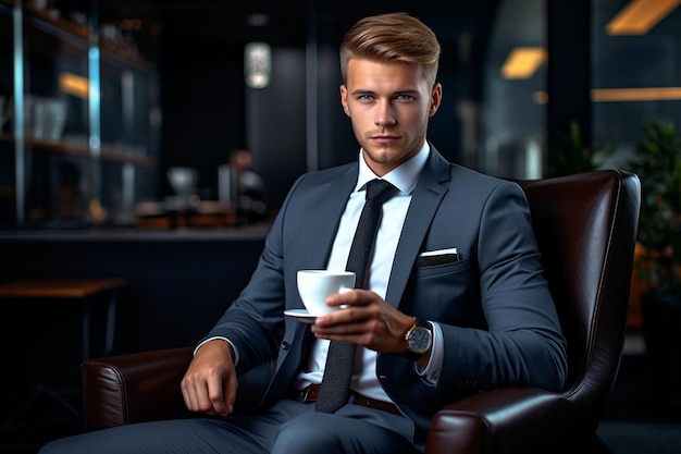 Retrato de un joven en traje sosteniendo una taza de co116_block_1_0jpg