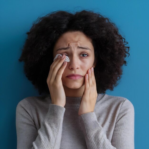 Foto retrato de una joven triste y afligida sollozando llorando y limpiándose las lágrimas