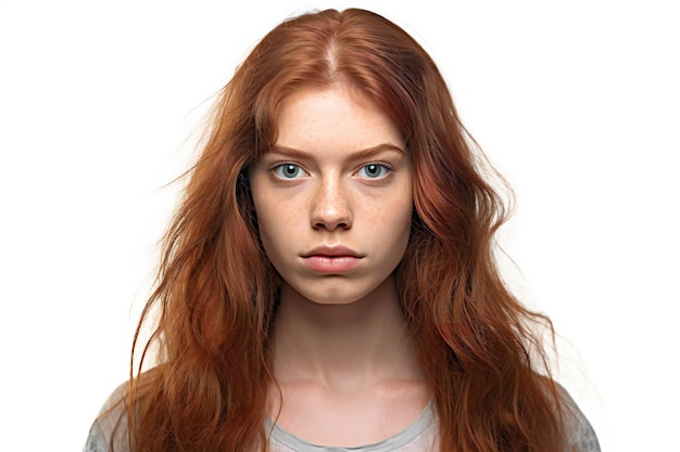 Retrato de una joven triste con el cabello rojo sobre un fondo blanco