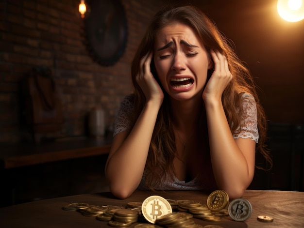 Retrato de una joven triste que falla en el concepto de criptomoneda perdida de bitcoin