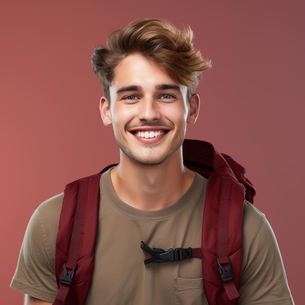 Retrato de un joven turista feliz con una mochila