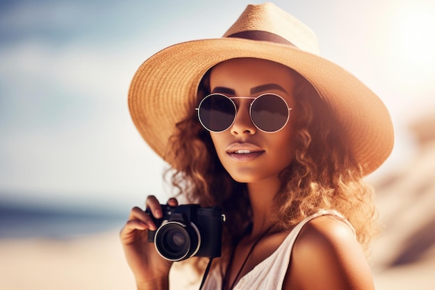 Retrato de una joven turista con sombrero en un balneario con cámara IA generativa