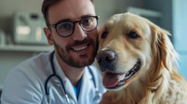 Retrato de un joven veterinario con gafas acariciando a un noble y saludable Golden Retriever en una casa moderna