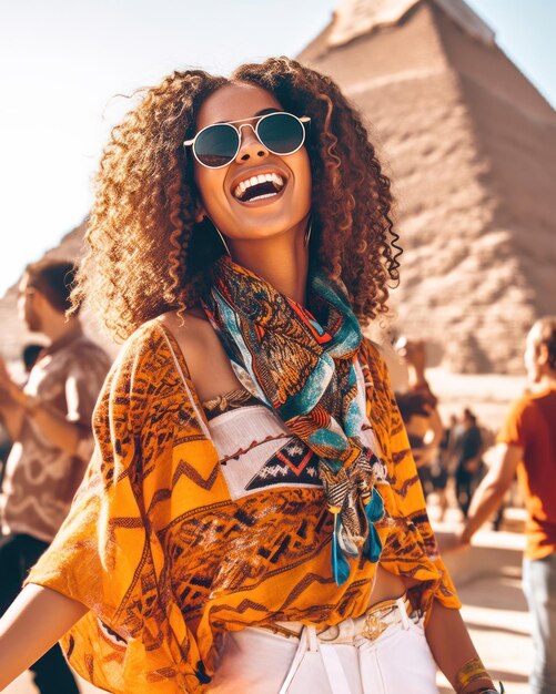 Retrato de una joven viajera con gafas de sol y una mirada influyente sonriendo frente a las pirámides egipcias Viajar y disfrutar del concepto de vacaciones