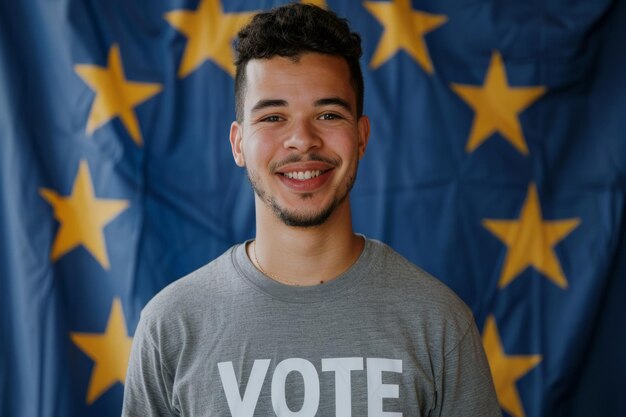 Foto retrato de un joven votante en las elecciones europeas frente a la bandera de la unión europea