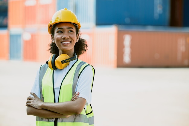 Retrato jovencita negra carga personal trabajador inteligente confiado feliz sonrisa buen bienestar