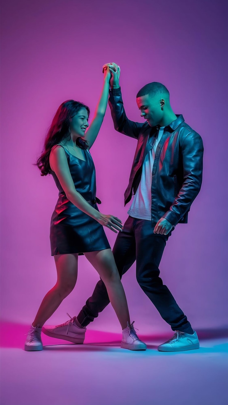 Foto retrato de jóvenes emotivos hombre y mujer con tela de cuero bailando aislados sobre el gradiente