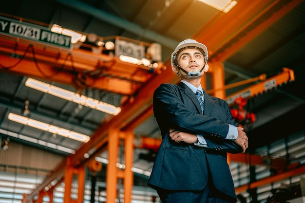 Retrato de jóvenes ingenieros asiáticos en servicio sonriendo felizmente en el concepto de fábrica de interiores de máquinasIngeniero y arquitecto