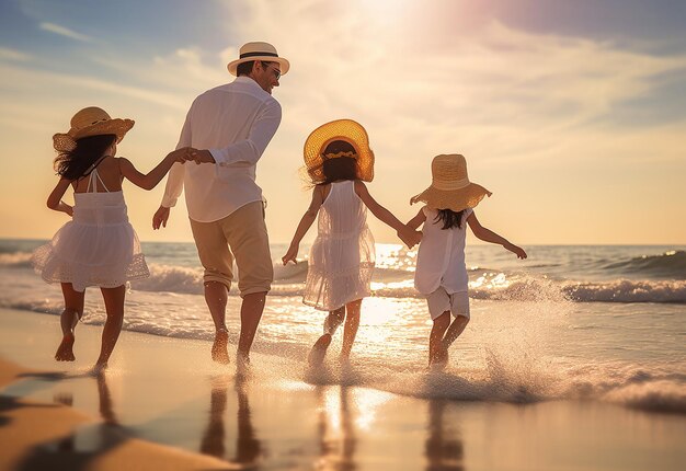 Foto retrato de jóvenes padres alegres y niños pequeños disfrutando en la playa