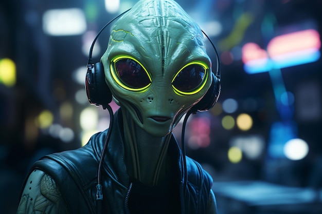 Retrato de un jugador alienígena humanoide verde que juega un videojuego en línea con luces de neón.